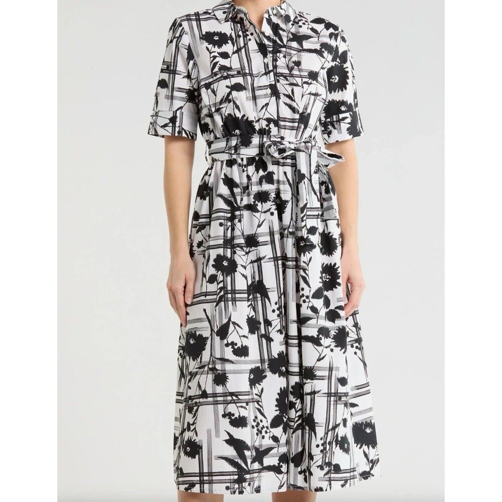 DKNY Women New Shirt Midi Dress 6 Belted Cotton Black‎ White Floral 100% Cotton